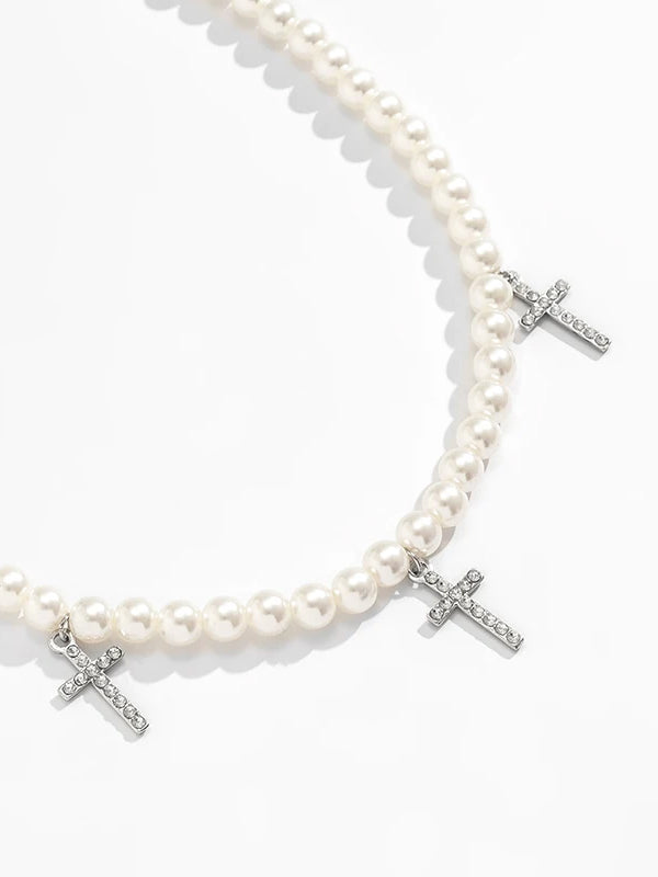 Beaded Pearl Necklace with Cross Pendants 2