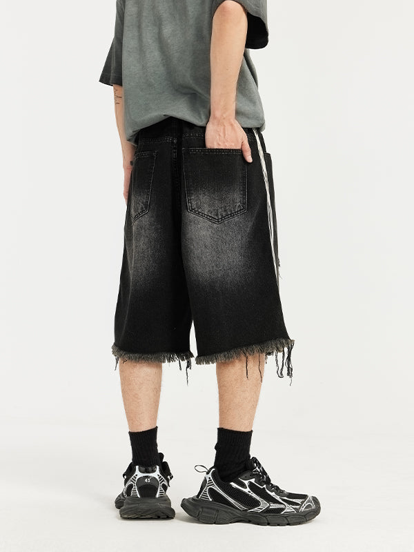 Black Distressed Denim Shorts with Side Stripes 6