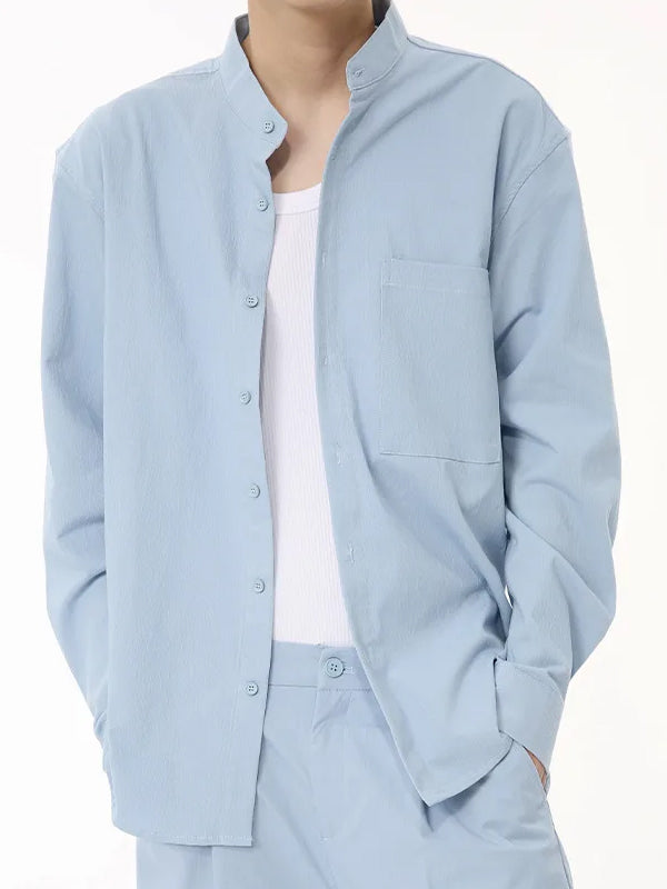 Blue Mandarin Collar Shirt 4
