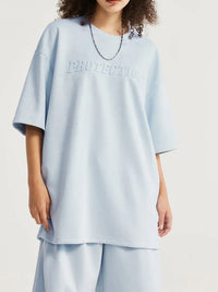 Embossed "Protection" Suede T-Shirt & Shorts Set in Blue Color 9