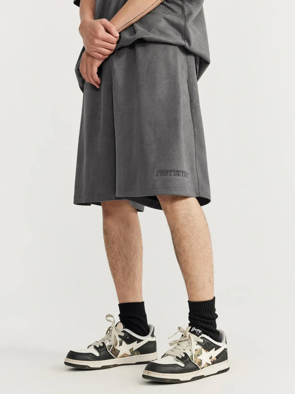Embossed "Protection" Suede T-Shirt & Shorts Set in Grey Color 11