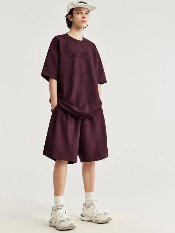 Embossed "Protection" Suede T-Shirt & Shorts Set in Red Color 8