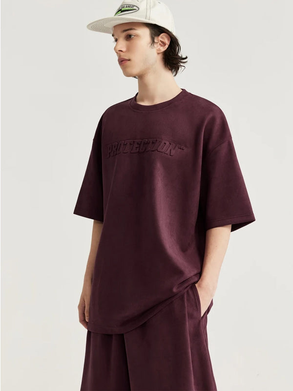 Embossed "Protection" Suede T-Shirt & Shorts Set in Red Color 9
