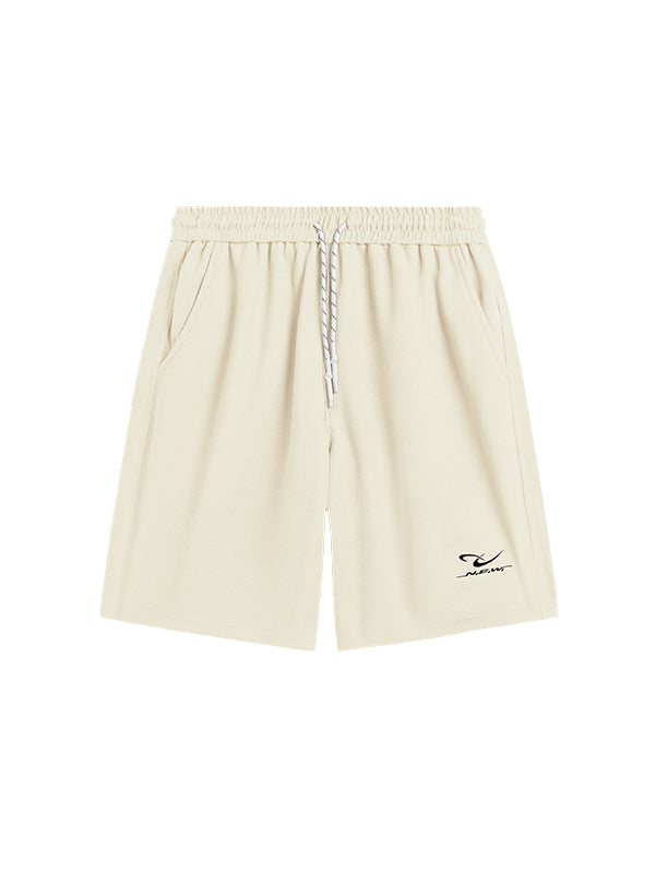 Embroidered "N.E.W"  Pique Long Sleeve T-Shirt & Shorts Set in Beige Color 3