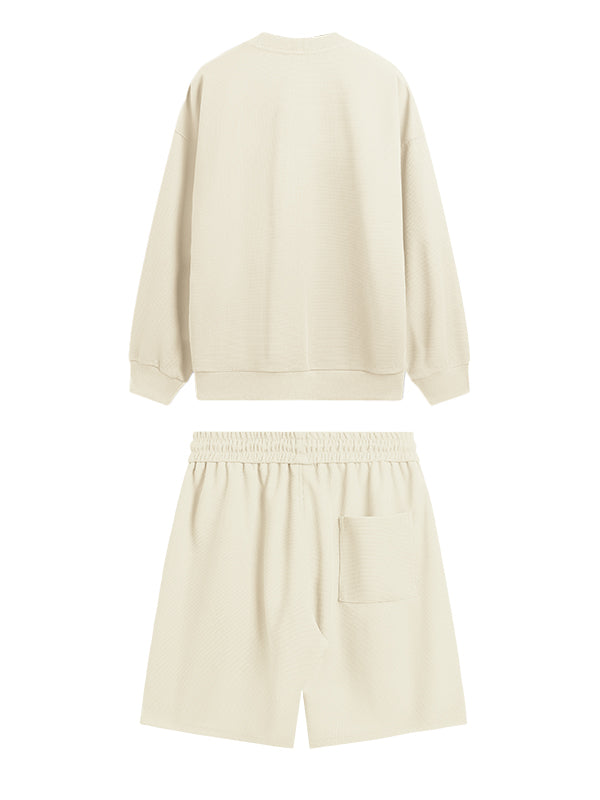 Embroidered "N.E.W"  Pique Long Sleeve T-Shirt & Shorts Set in Beige Color 5