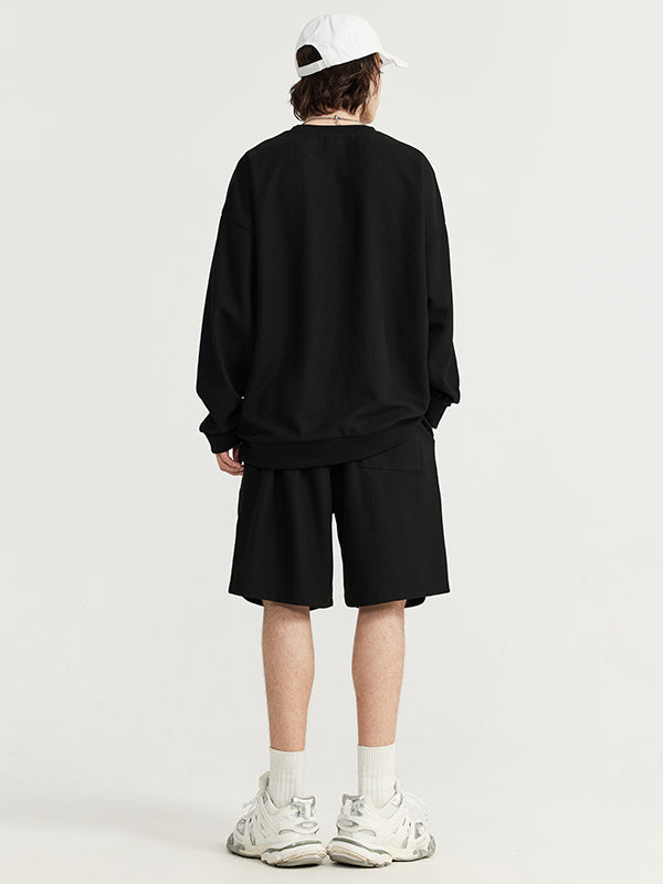 Embroidered "N.E.W"  Pique Long Sleeve T-Shirt & Shorts Set in Black Color 11