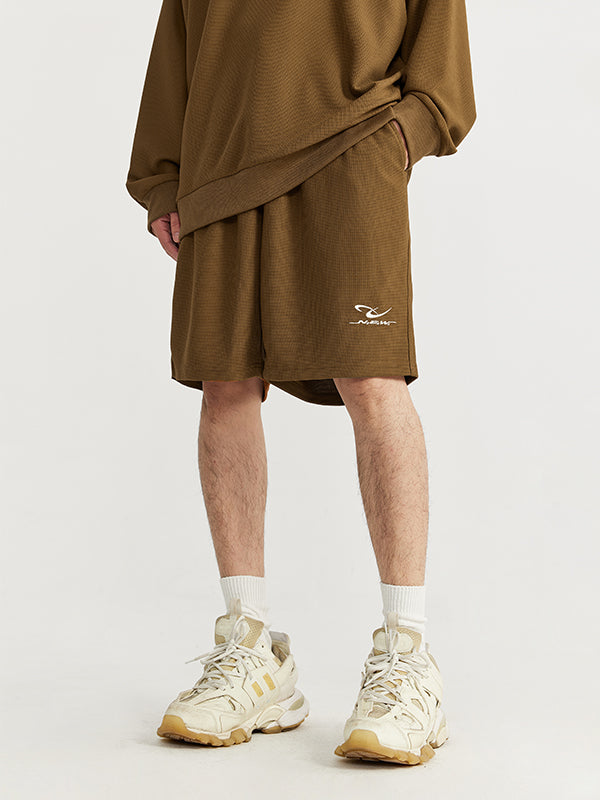 Embroidered "NEW"  Pique Long Sleeve T-Shirt & Shorts Set in Brown Color  11