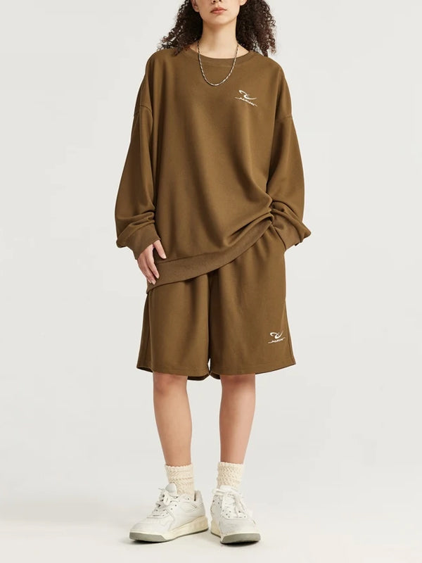 Embroidered "NEW"  Pique Long Sleeve T-Shirt & Shorts Set in Brown Color  5