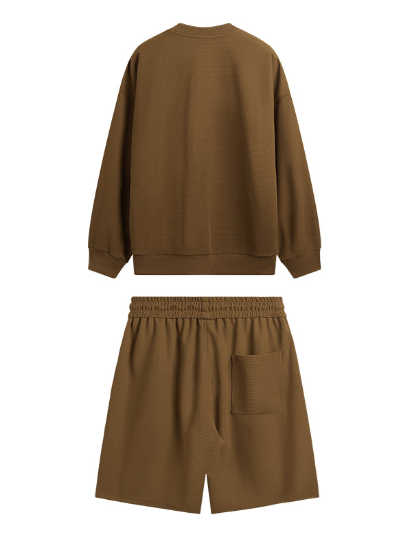 Embroidered "NEW"  Pique Long Sleeve T-Shirt & Shorts Set in Brown Color  7