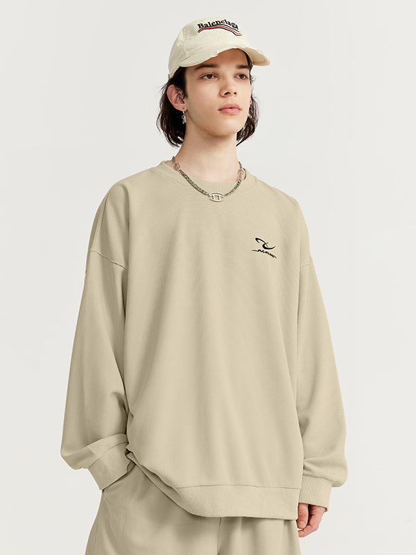 Embroidered "N.E.W"  Pique Long Sleeve T-Shirt & Shorts Set in Khaki Color 10
