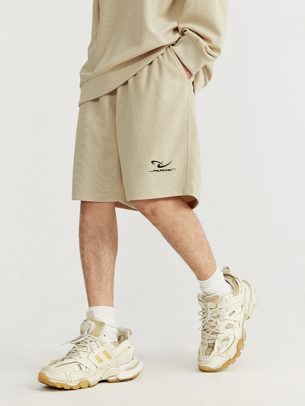 Embroidered "N.E.W"  Pique Long Sleeve T-Shirt & Shorts Set in Khaki Color 12
