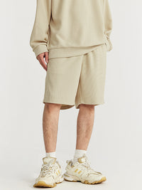 Embroidered "N.E.W"  Pique Long Sleeve T-Shirt & Shorts Set in Khaki Color 13