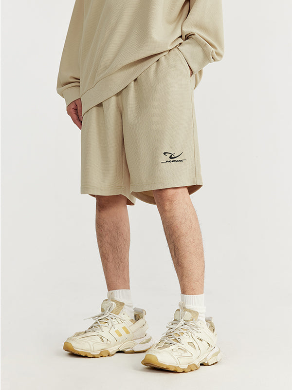 Embroidered "N.E.W"  Pique Long Sleeve T-Shirt & Shorts Set in Khaki Color 14