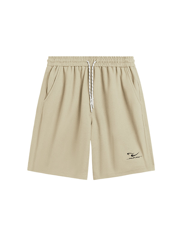 Embroidered "N.E.W"  Pique Long Sleeve T-Shirt & Shorts Set in Khaki Color