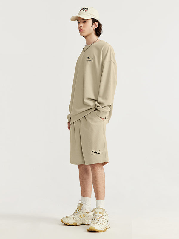 Embroidered "N.E.W"  Pique Long Sleeve T-Shirt & Shorts Set in Khaki Color 8