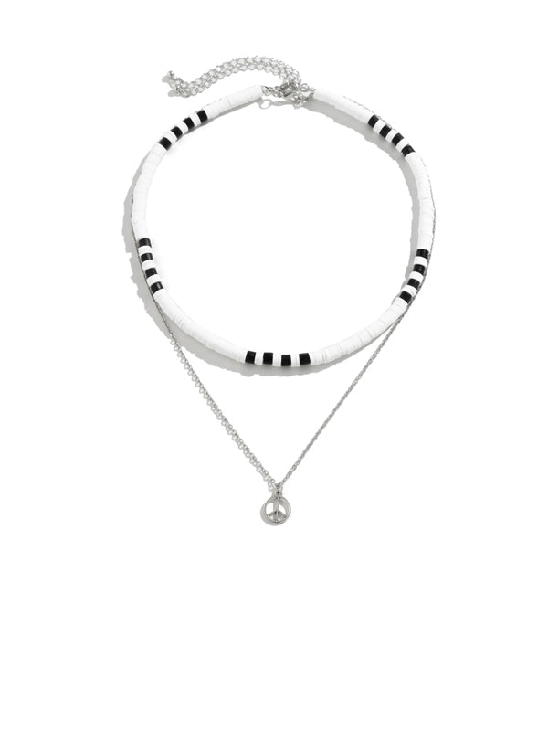 Set of 2 Layered Necklaces with Peace Symbol in Silver Color
