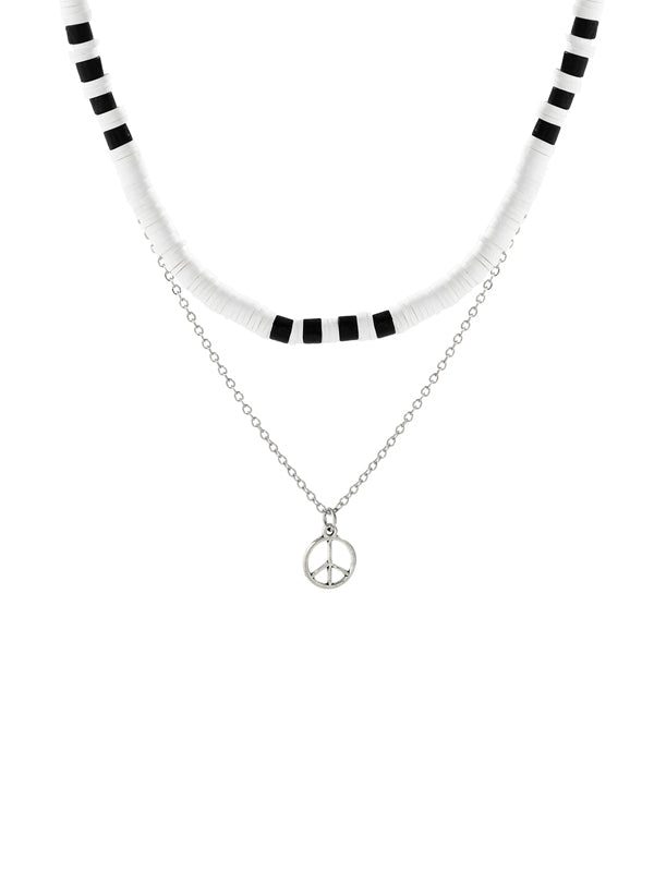 Set of 2 Layered Necklaces with Peace Symbol in Silver Color 2