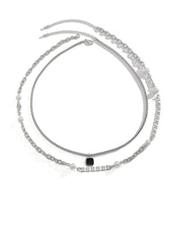 Set of 2 Layered Necklaces with Square Pendant & Link Chain