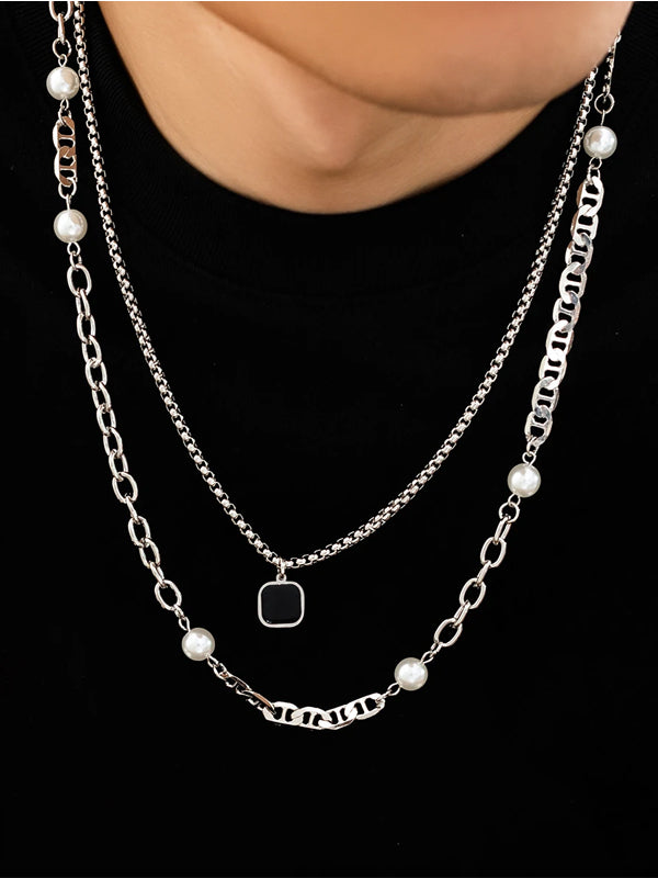 Set of 2 Layered Necklaces with Square Pendant & Link Chain 3