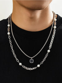 Set of 2 Layered Necklaces with Square Pendant & Link Chain 4