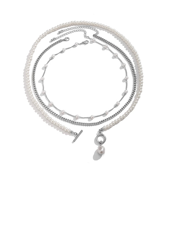 Set of 3 Beads & Chain Necklaces in Silver Color