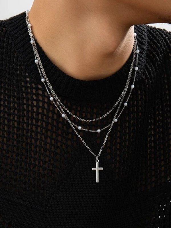 Set of 3 Layered Beads & Cross Necklaces in Silver Color 2