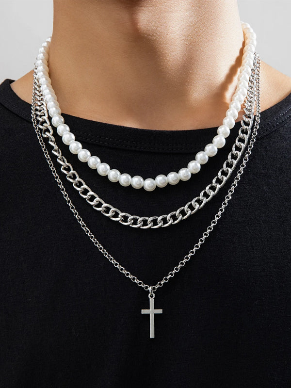 Set of 3 Layered Pearl & Cross Necklaces 4
