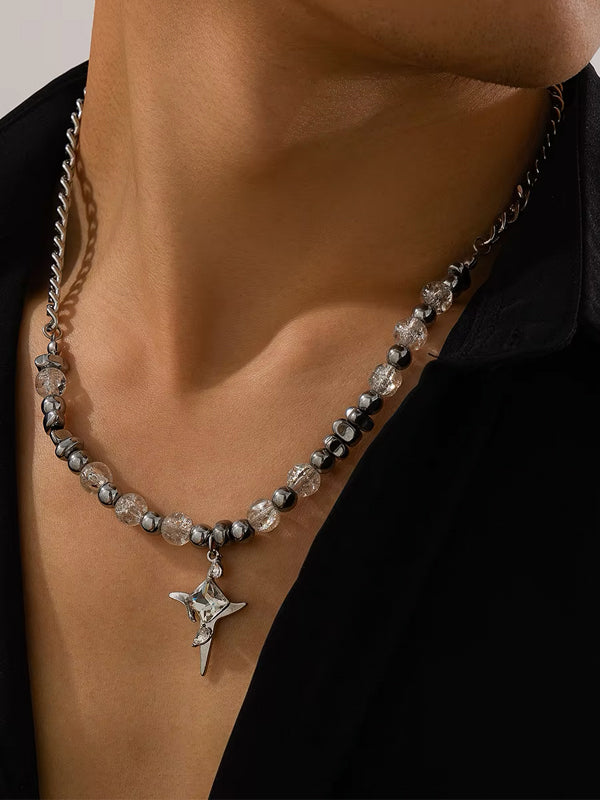Silver Chain Necklace with Beads & Star Cross Pendant 3