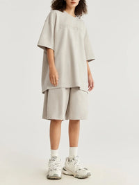 Embossed "Protection" Suede T-Shirt & Shorts Set in Beige Color 7