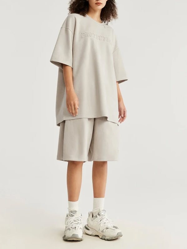 Embossed "Protection" Suede T-Shirt & Shorts Set in Beige Color 7
