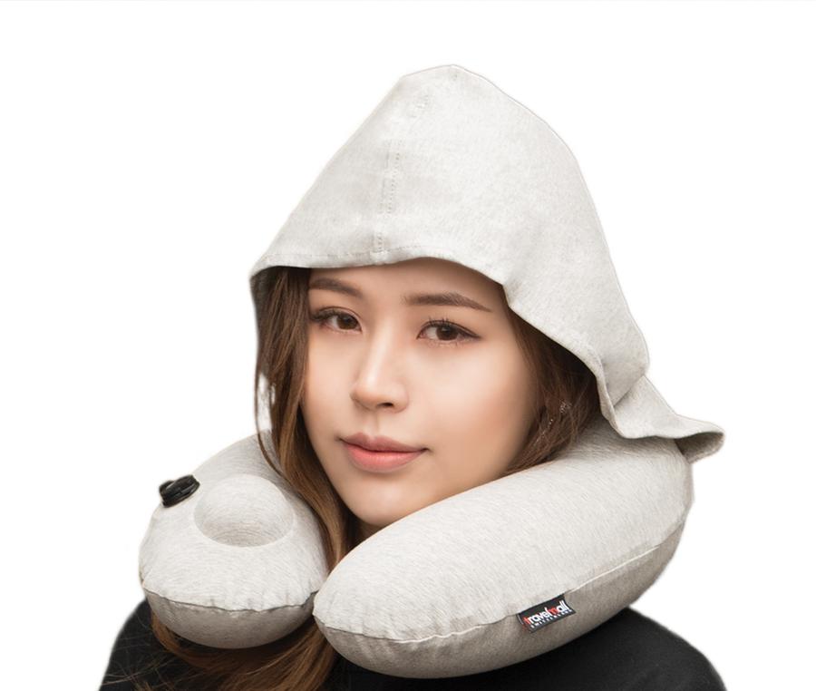Travelmall Inflatable Neck Pillow With Patented Pump and Foldable Hood in Grey Color