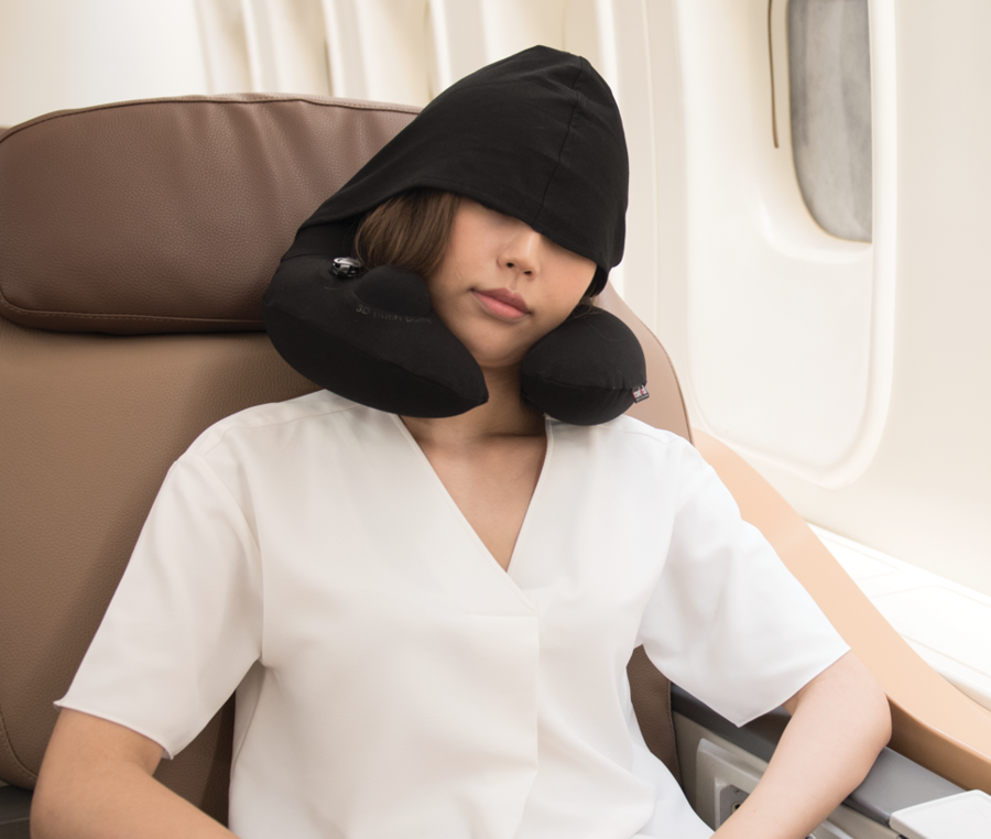 Travelmall Inflatable Neck Pillow With Patented Pump and Foldable Hood in Black Color