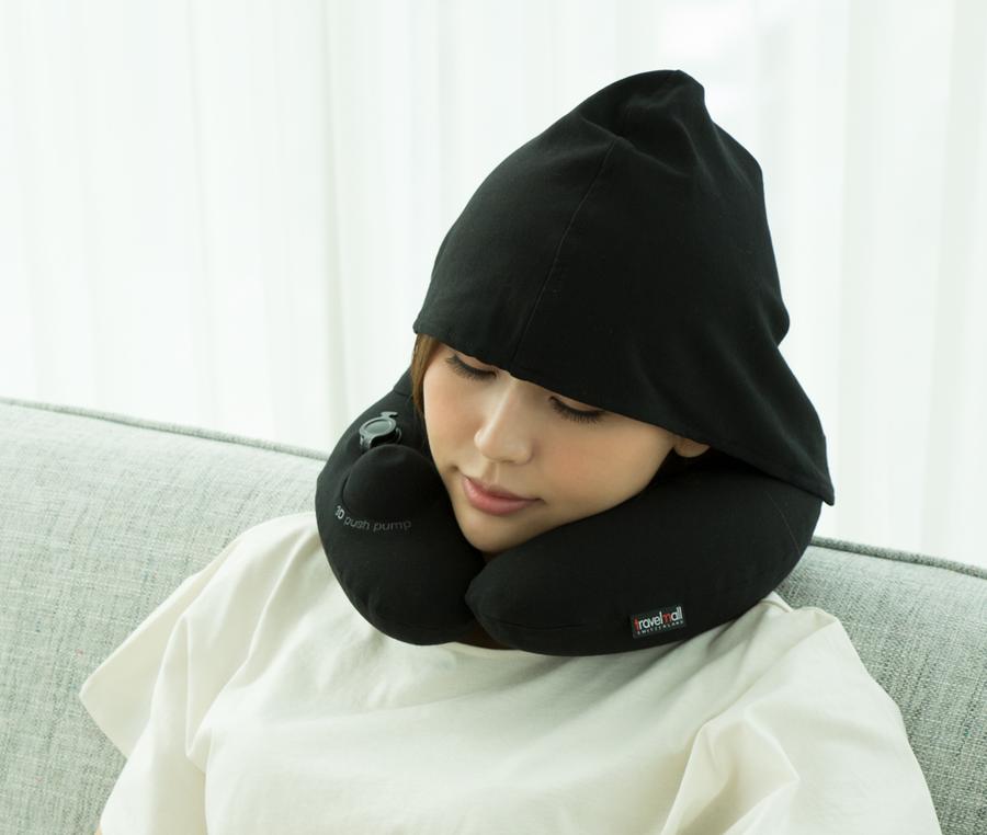 Travelmall Inflatable Neck Pillow With Patented Pump and Foldable Hood in Black Color
