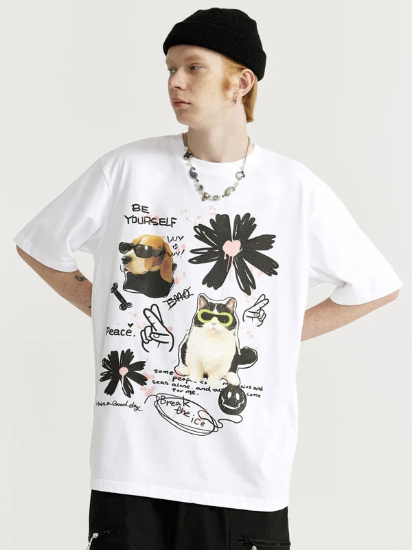 Be Yourself Cool Cat & Dog T-Shirt in White Color 4