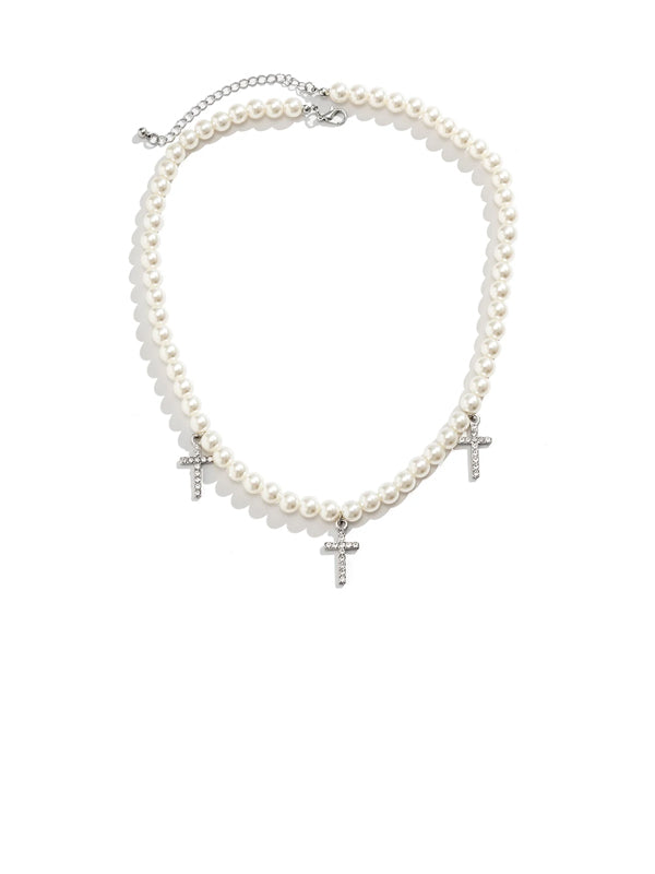 Beaded Pearl Necklace with Cross Pendants