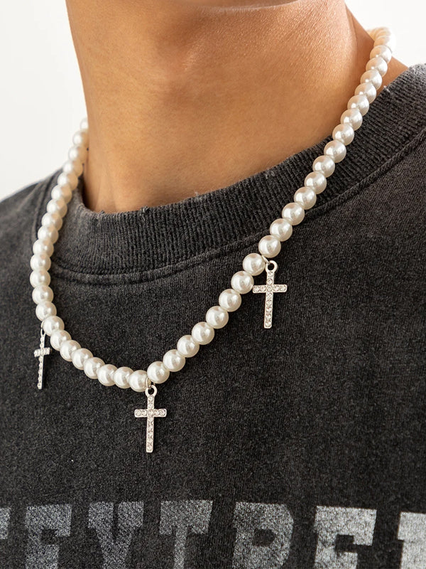 Beaded Pearl Necklace with Cross Pendants 3