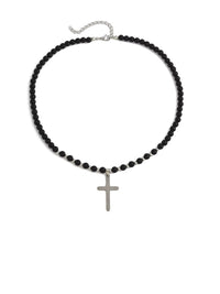 Black Beads With Cross Necklace