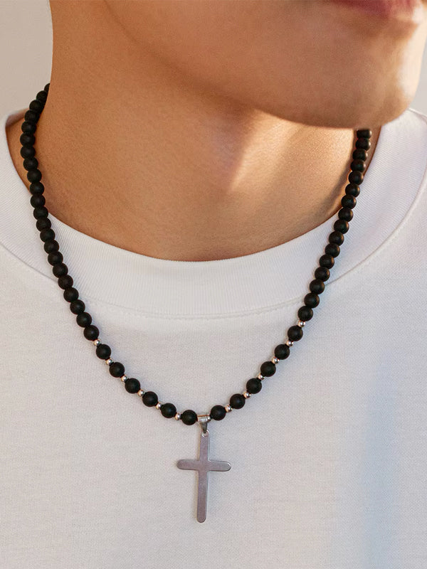 Black Beads With Cross Necklace 3