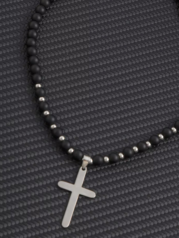  Black Beads With Cross Necklace 4