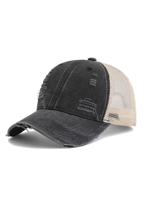 Black Distressed Curved Brim Trucker Cap