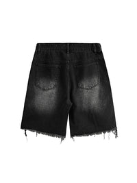 Black Distressed Denim Shorts with Side Stripes