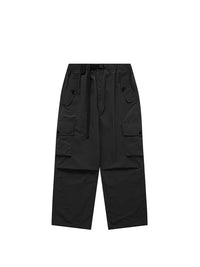 Black Nylon Cargo Pants with Elastic Waist Belt