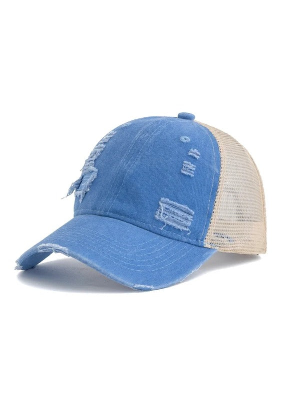 Blue Distressed Curved Brim Trucker Cap