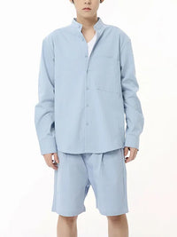 Blue Mandarin Collar Shirt & Shorts Set 2