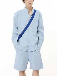 Blue Mandarin Collar Shirt & Shorts Set 3