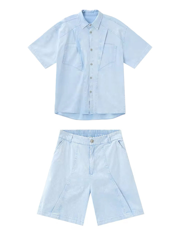 Blue Short Sleeve Loose Lapel Shirt & Shorts Set 3