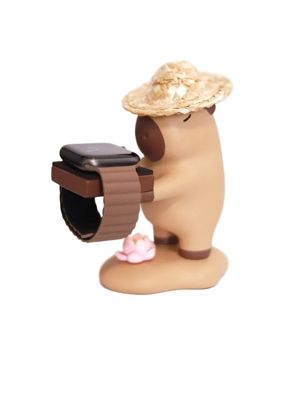 Capybara Apple Watch Charger Stand Desk Organizer (Lotus+Straw Hat)