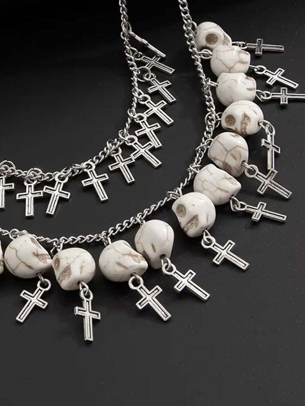 Cross & White Skulls Layered Necklace 3