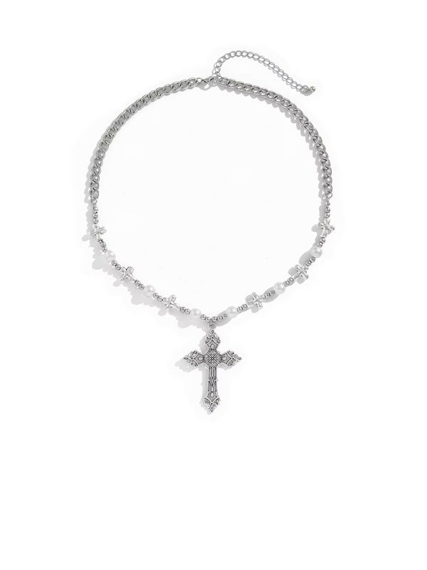 Cross with Beads & Silver Chain Necklace 