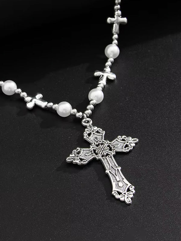 Cross with Beads & Silver Chain Necklace  4